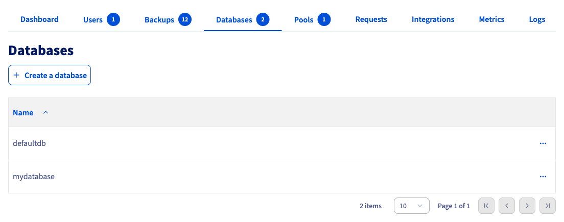 Databases tab