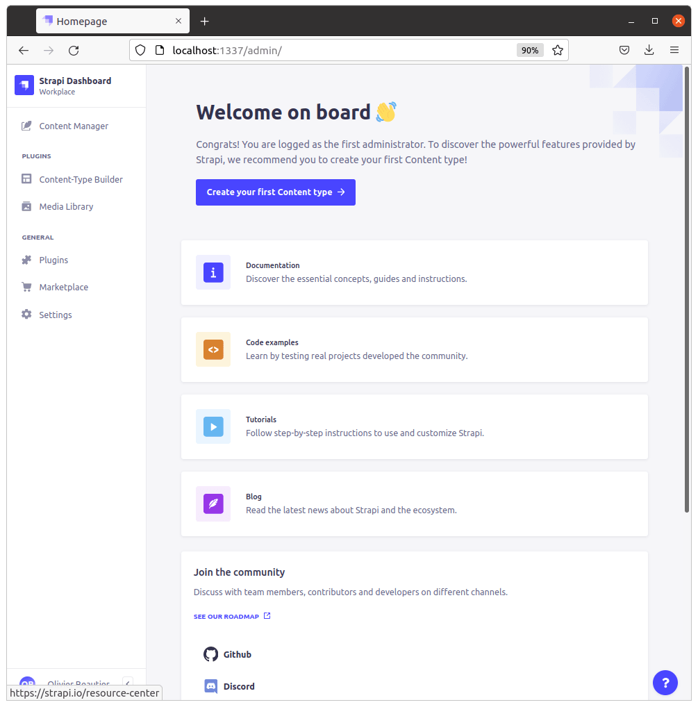 Strapi dashboard page