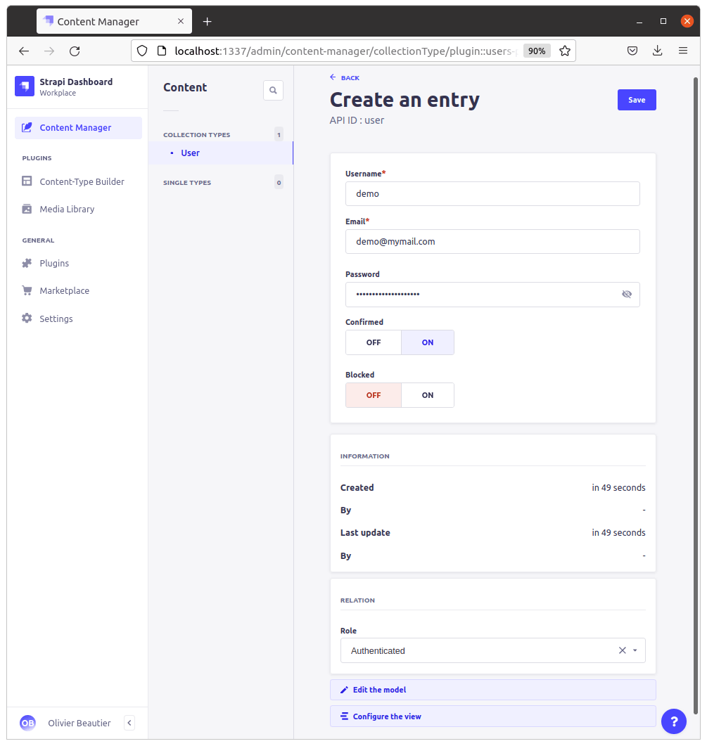 Strapi create user page
