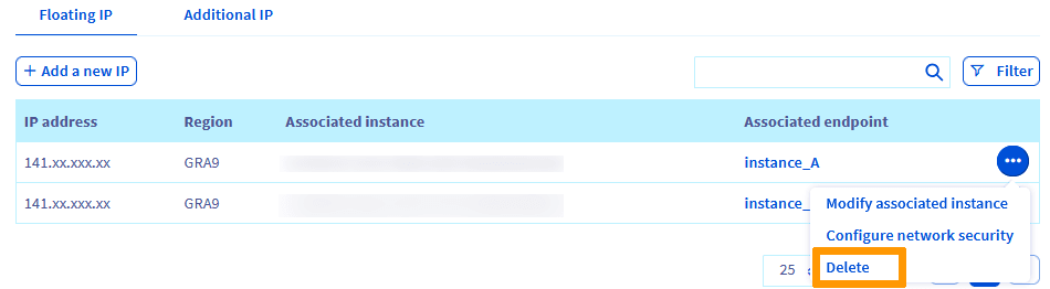 delete floating ip