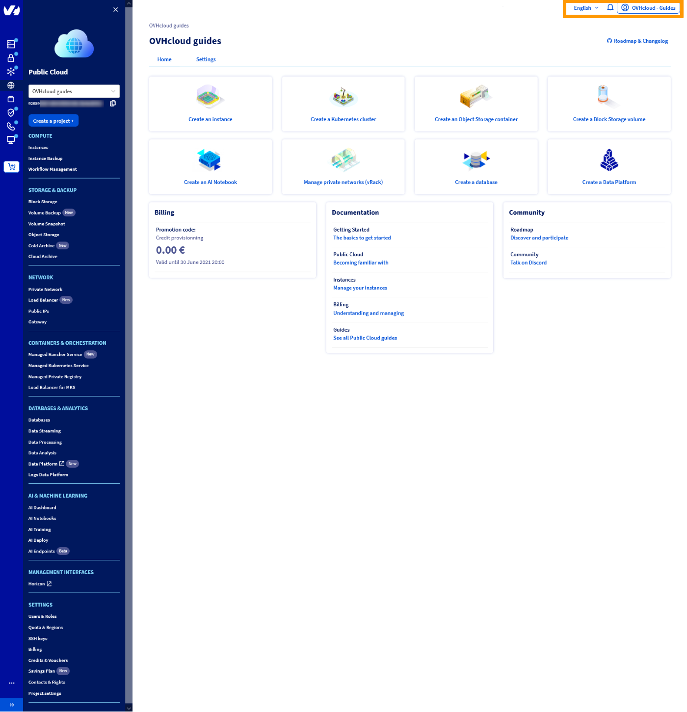 Public Cloud interfejs - menu konta