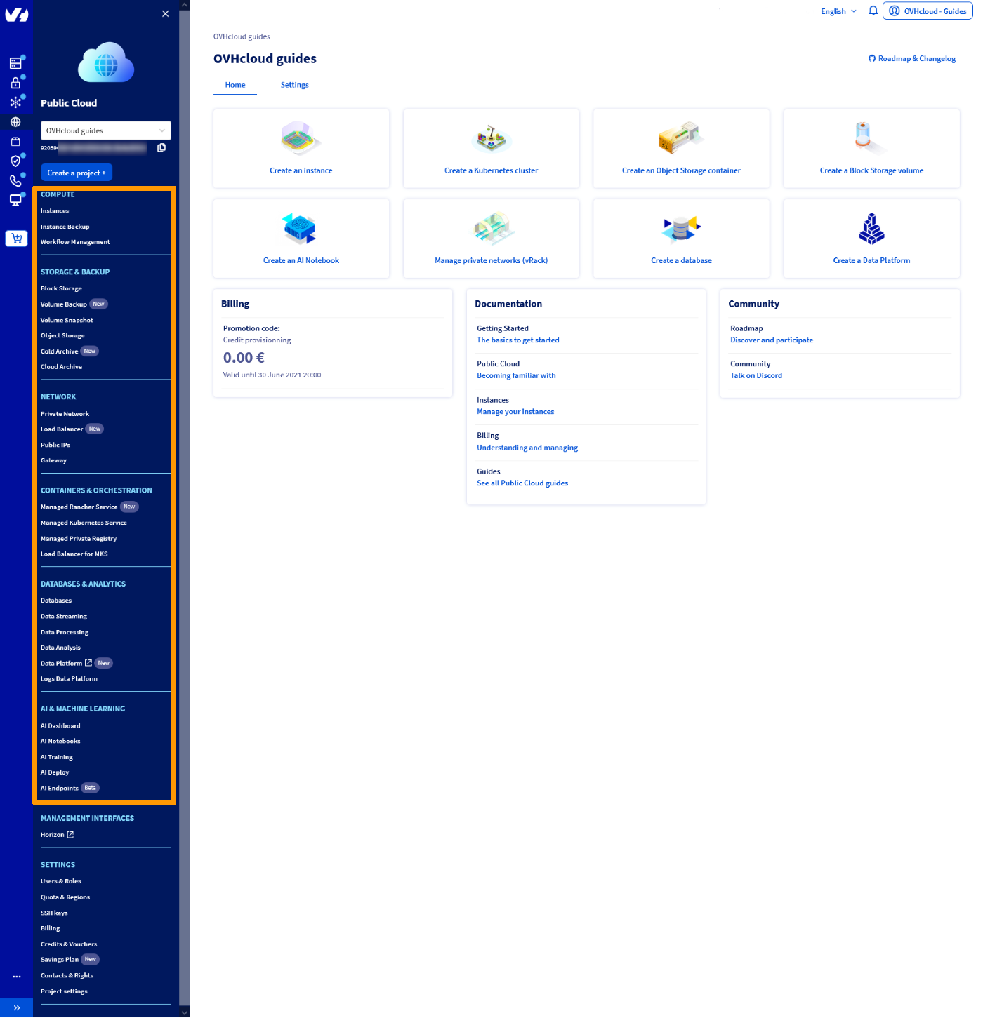 Public Cloud interface - menu główne