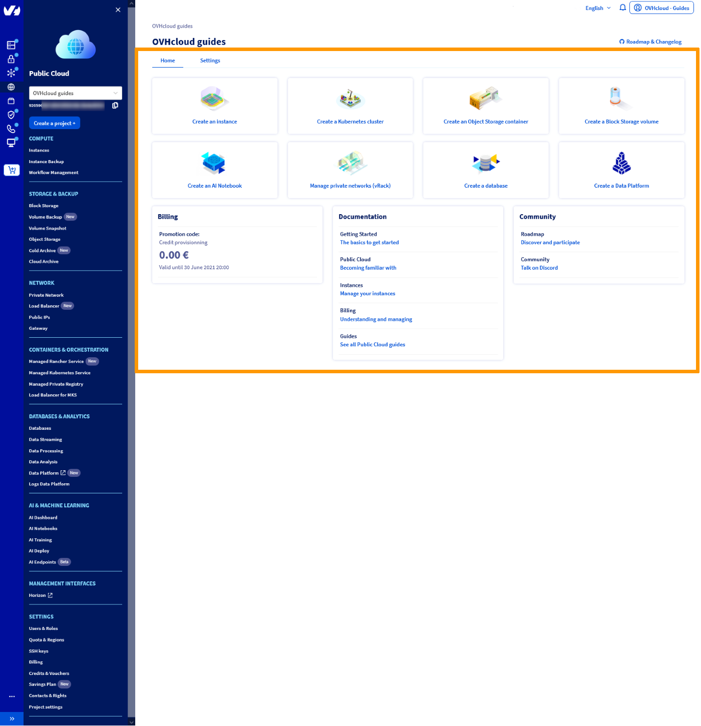 Public Cloud interfejs - menu skrótów