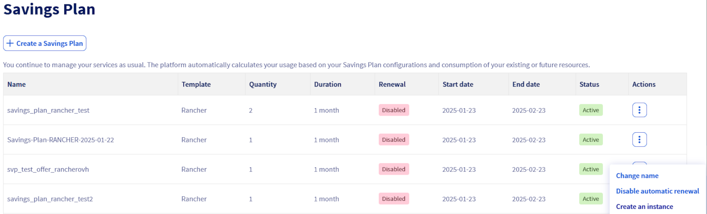 Savings Plan update menu
