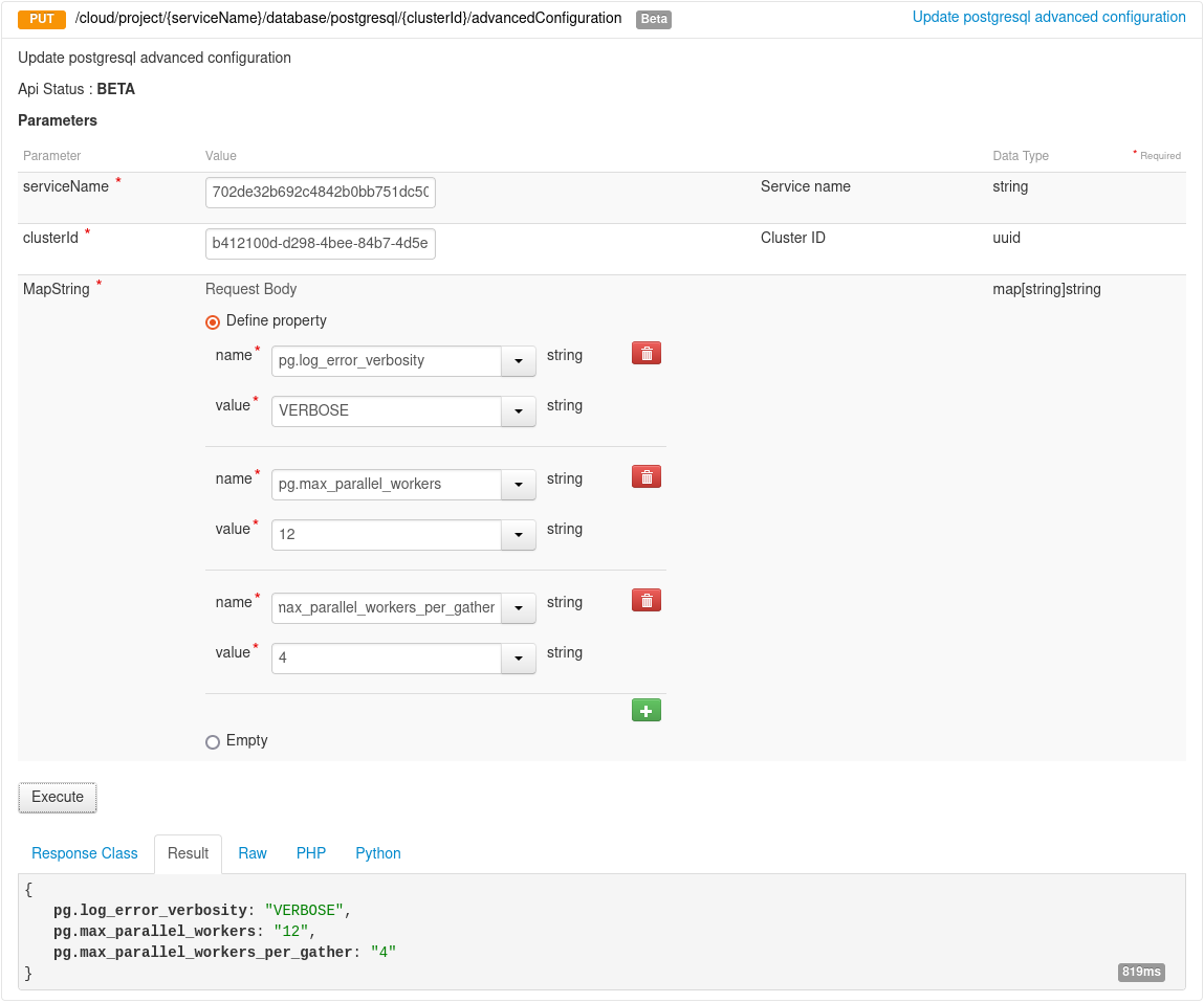 Put PostgreSQL Advanced Parameters