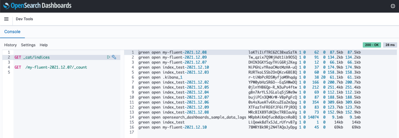 GET the index list and number of docs