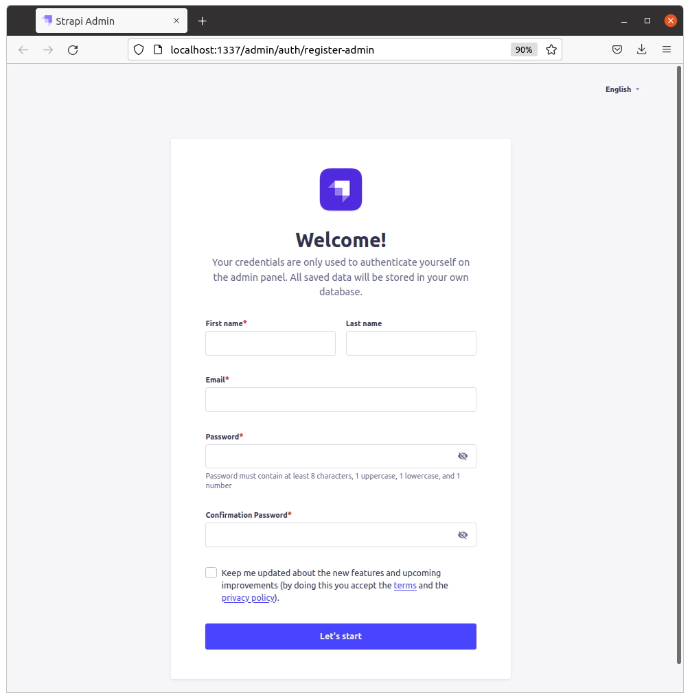 Strapi admin login creation page