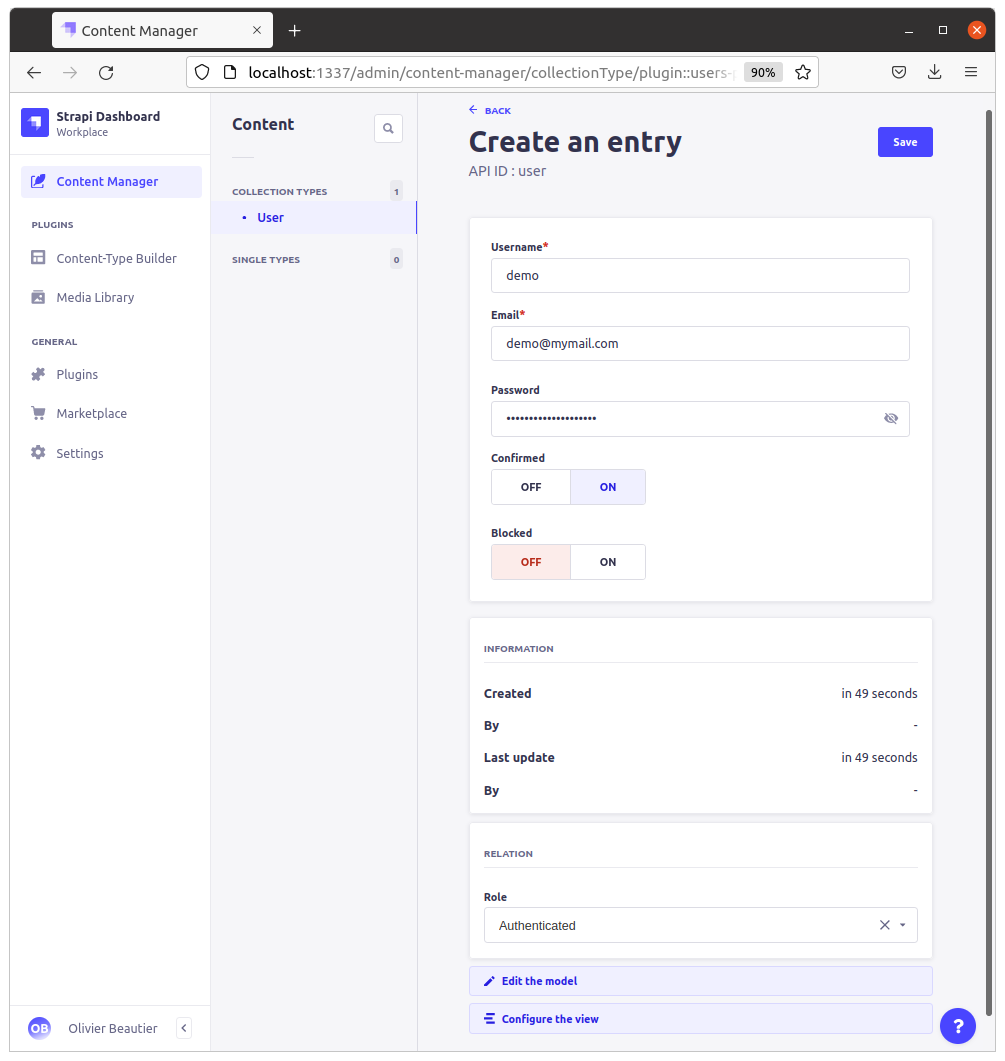 Strapi create user page