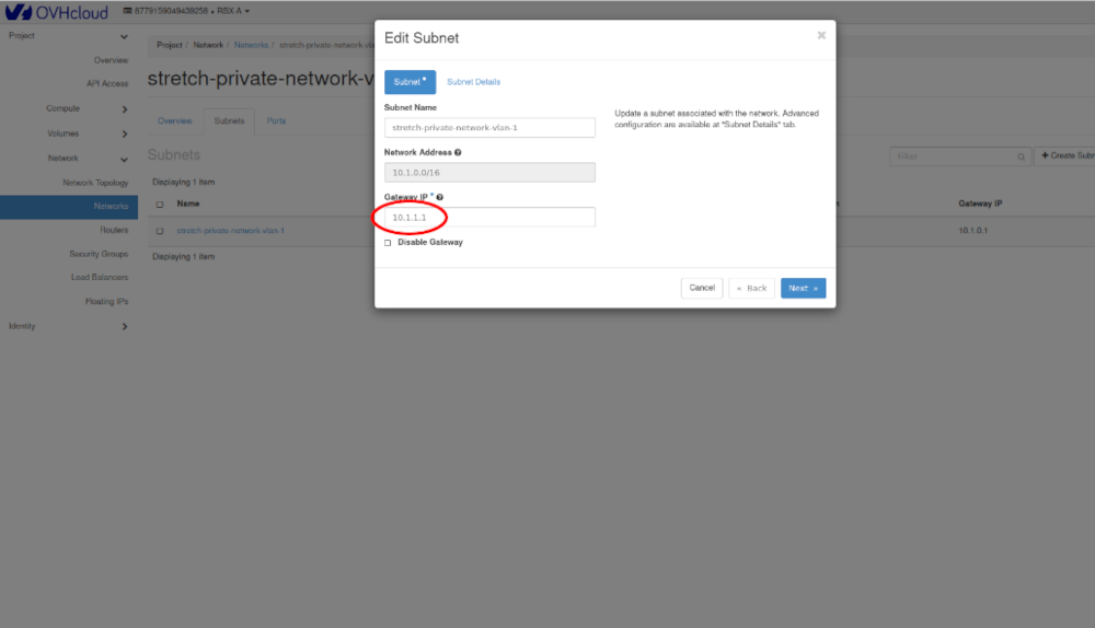 Edit subnet region 1