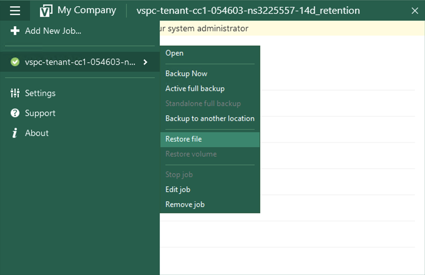 Backup Agent Restore Menu
