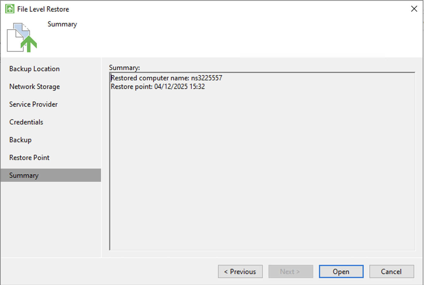 Backup Agent Restore Point Summary