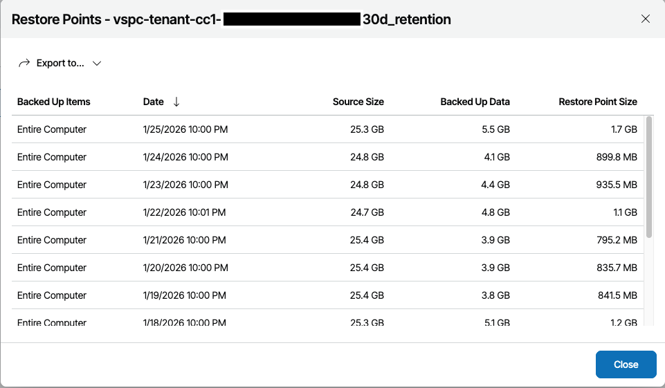 Backup Agent Restore Points