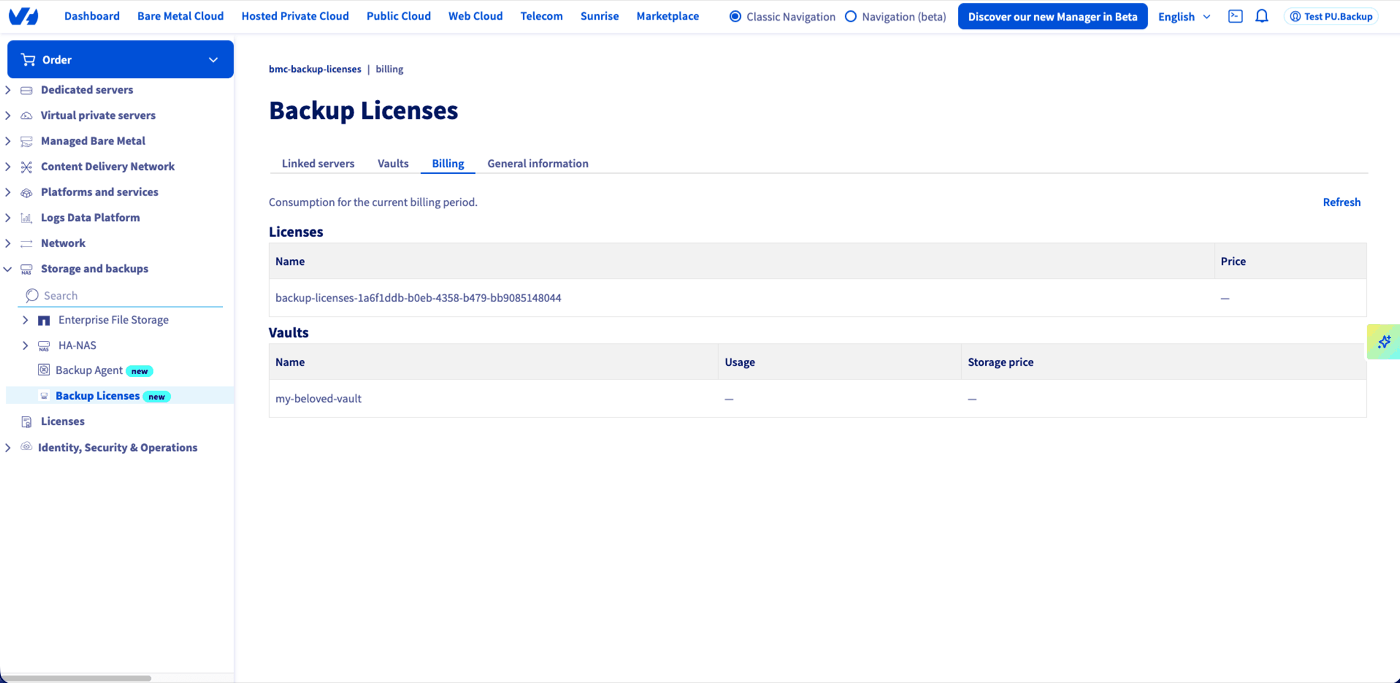 Billing tab of the Backup Licenses product