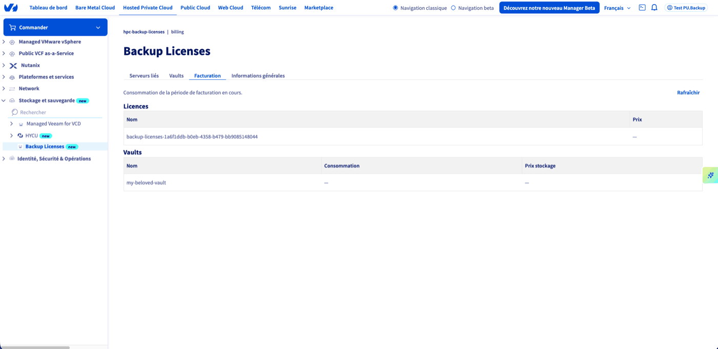 Onglet Facturation du produit Backup Licenses