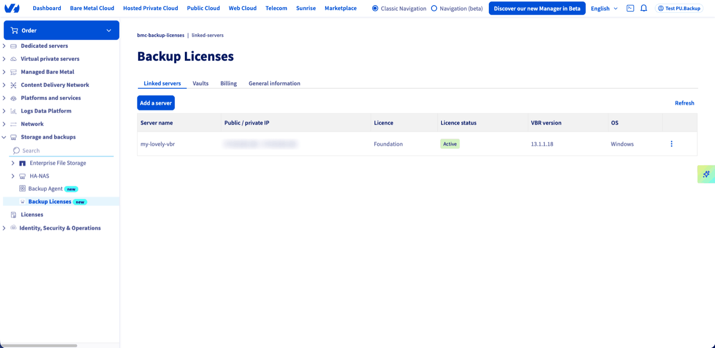 Tab Verknüpfte Server des Produkts Backup Licenses