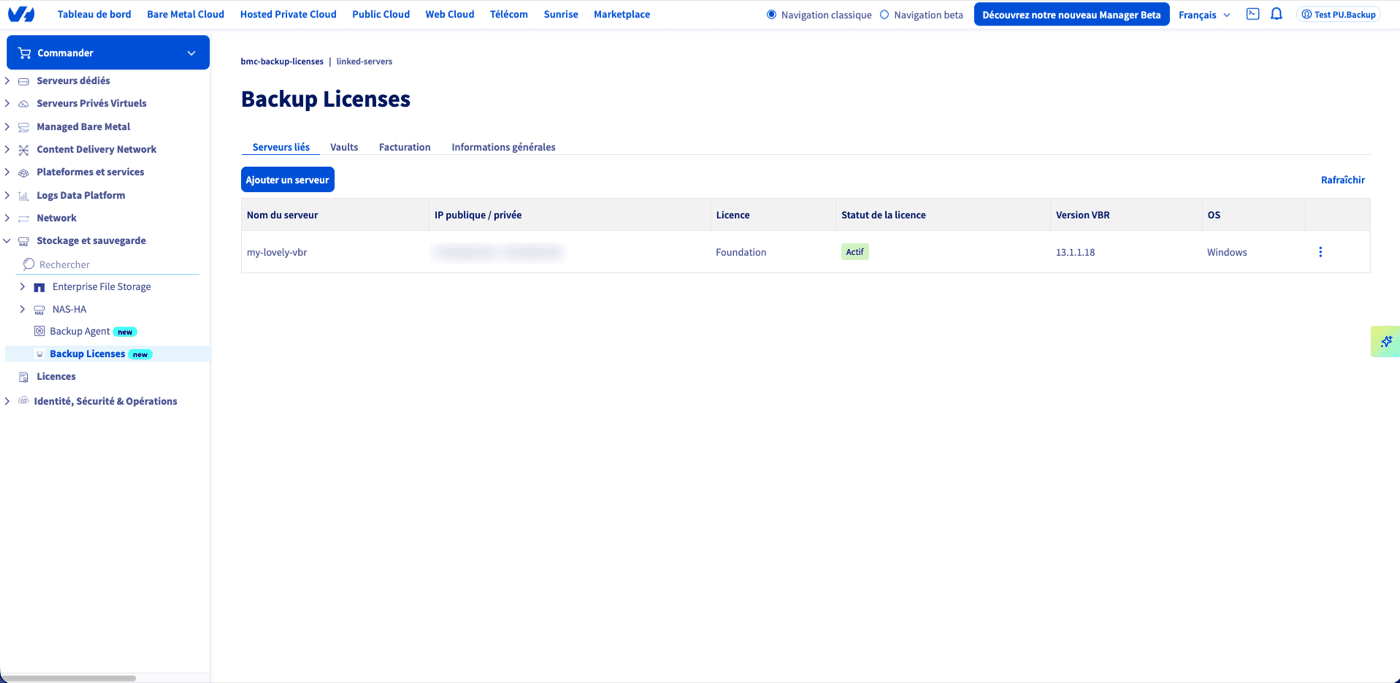 Onglet Serveurs liés du produit Backup Licenses