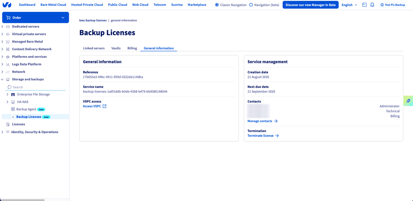 Zakładka Informacje ogólne produktu Backup Licenses