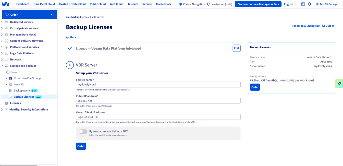 Konfiguration des VBR-Servers bei der Bestellung
