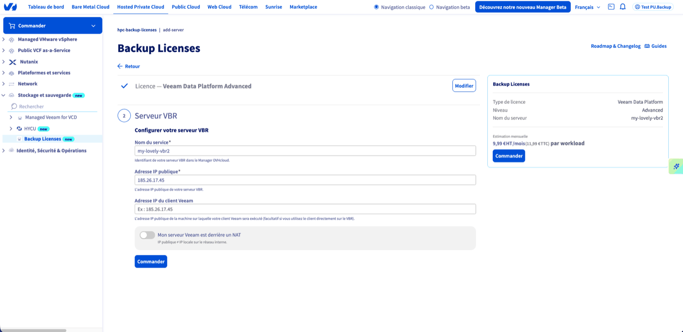 Configuration du serveur VBR lors de la commande