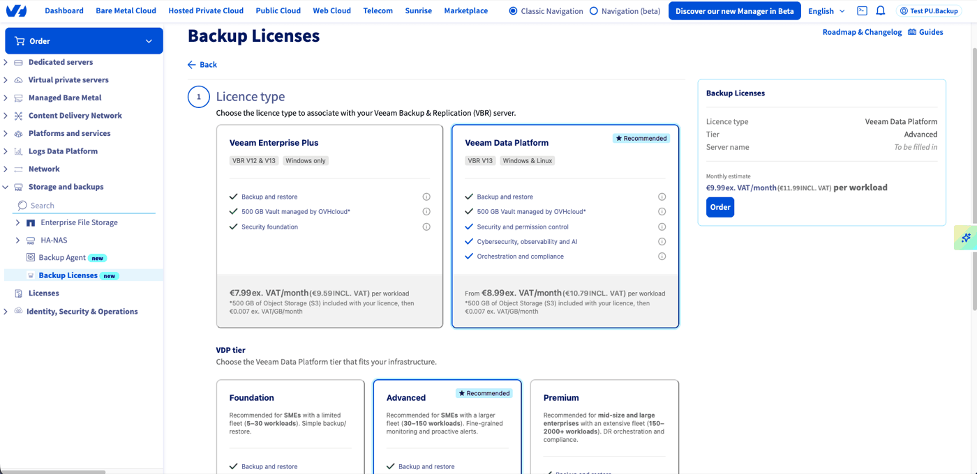 Auswahl des Lizenztyps von Backup Licenses
