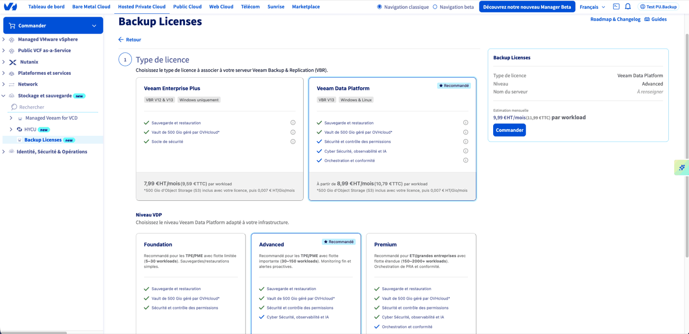 Choix du type de licence Backup Licenses