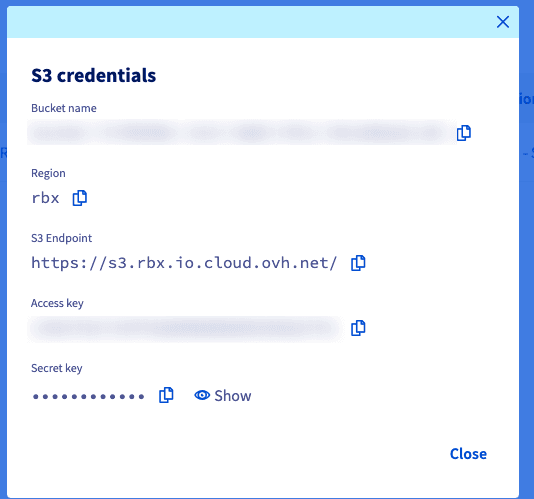 S3 credentials window for a Vault