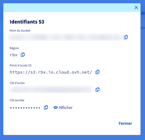 Fenêtre Identifiants S3 d'un Vault