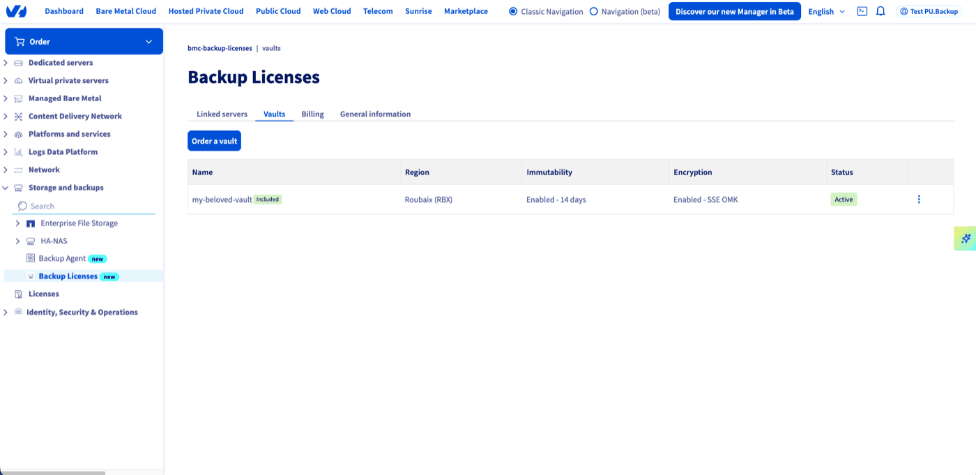 Vaults tab of the Backup Licenses product