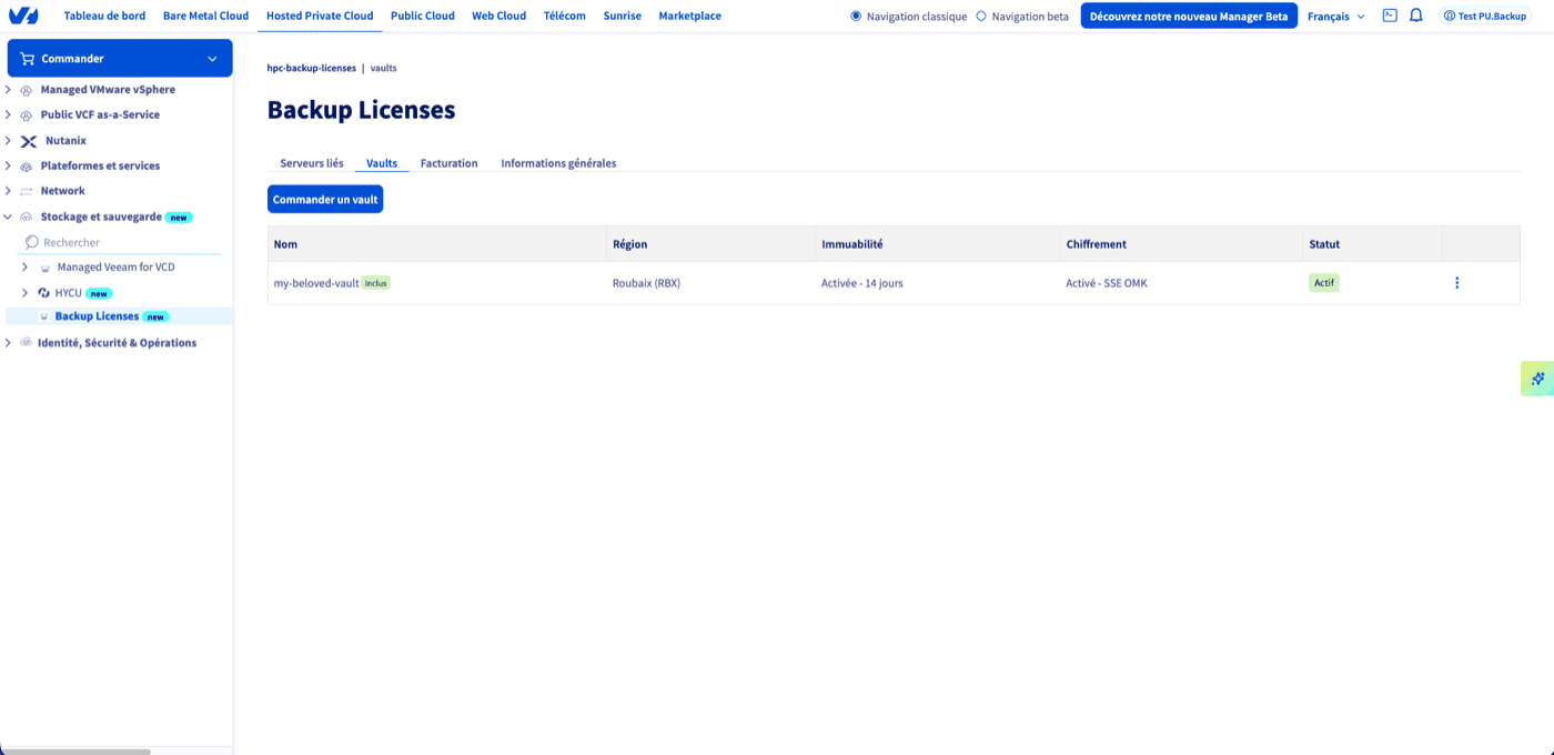 Onglet Vaults du produit Backup Licenses