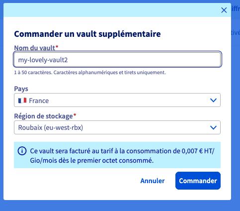 Fenêtre de commande d'un vault supplémentaire