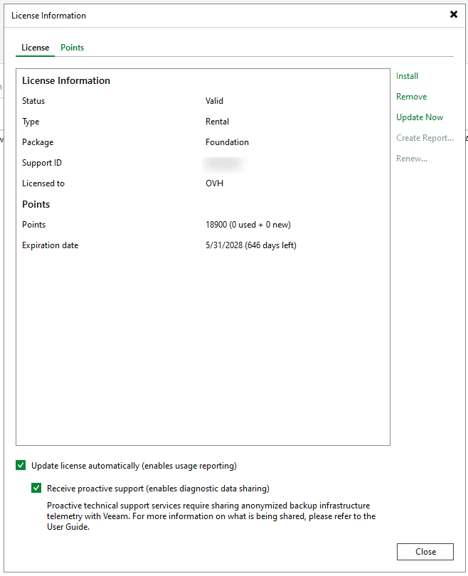Fenêtre License Information de la console VBR