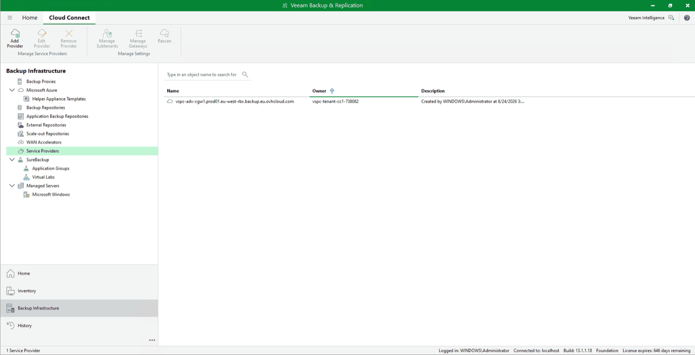 In der VBR-Konsole hinzugefügter OVHcloud Service Provider
