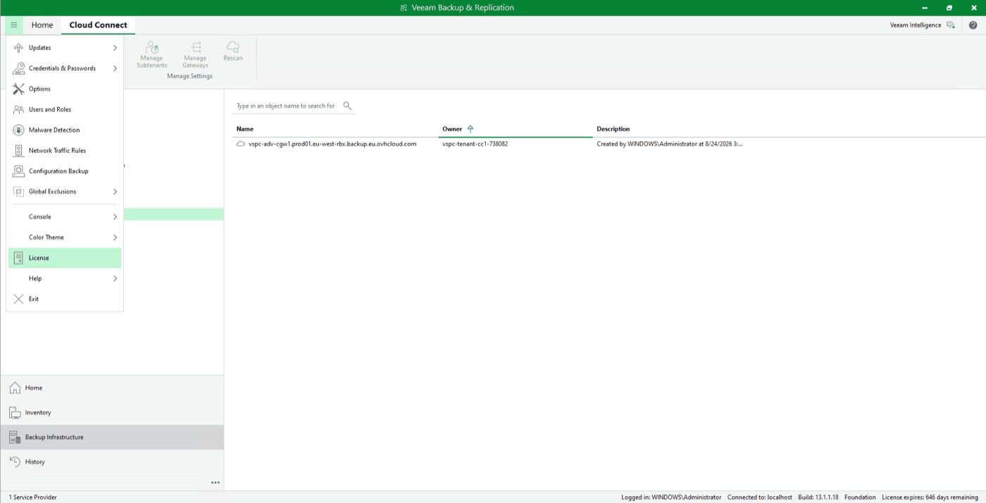 Eintrag License im Hauptmenü der VBR-Konsole