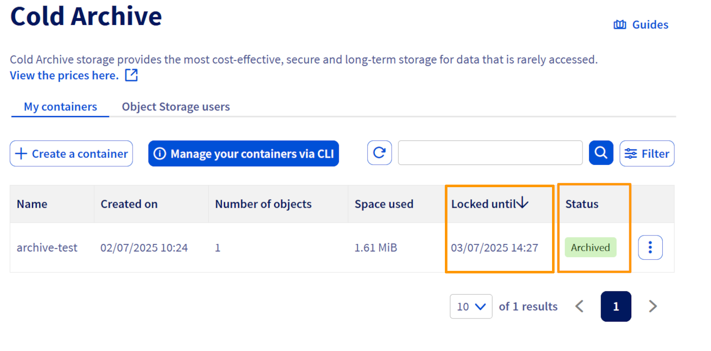 Cold archive bucket information