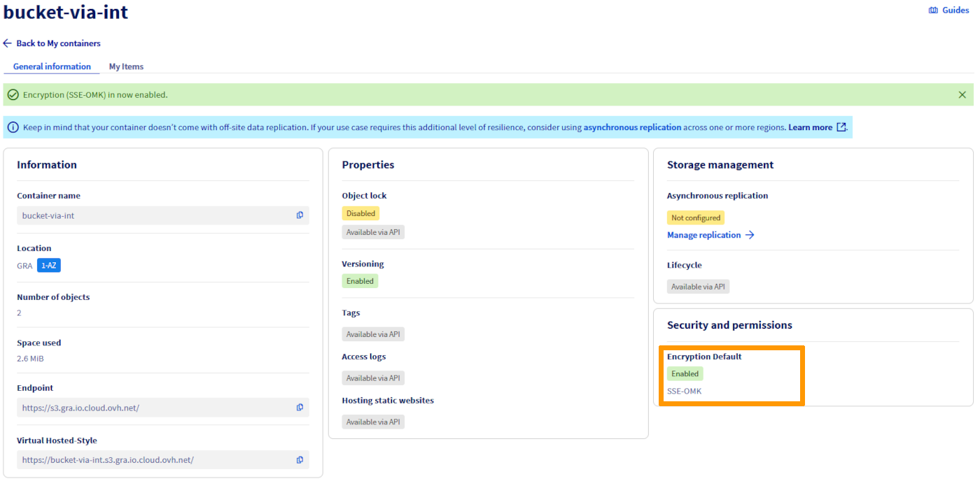 Object Storage information panel encryption