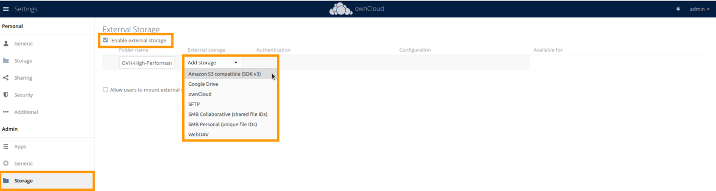 Owncloud create AWS S3 storage