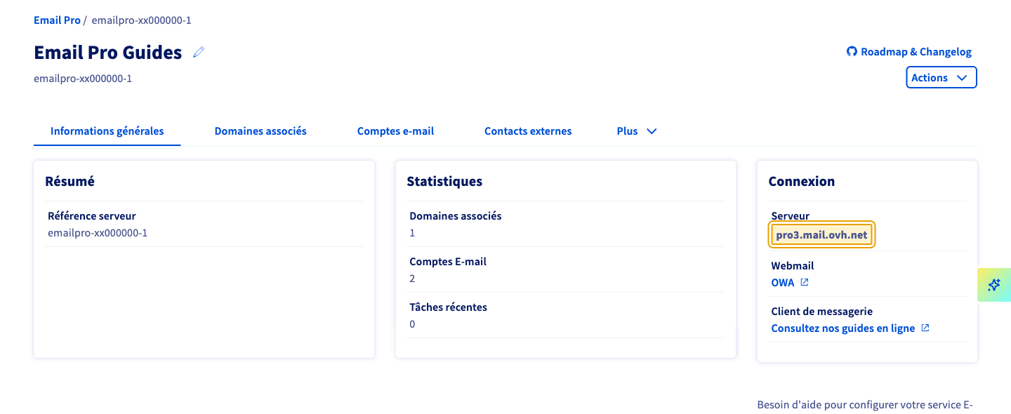 Email Pro server name in the OVHcloud Control Panel, General information tab