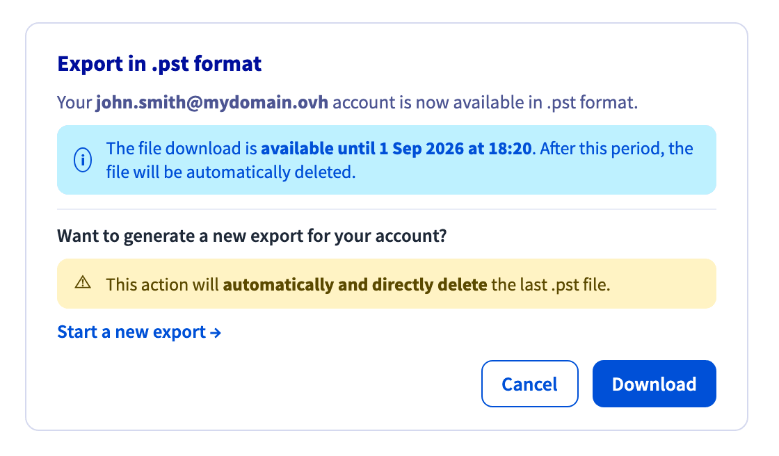 Finestra di esportazione che propone il download dell'archivio e una nuova esportazione