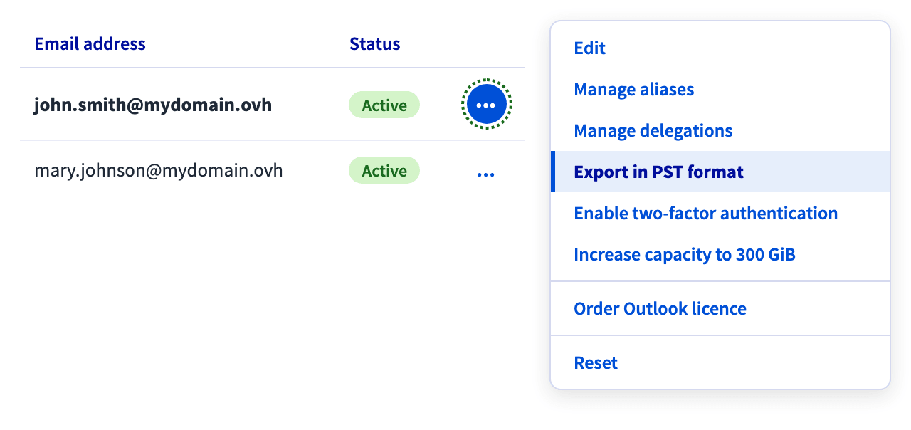 Menu delle azioni di un account email con la voce Esporta in formato PST