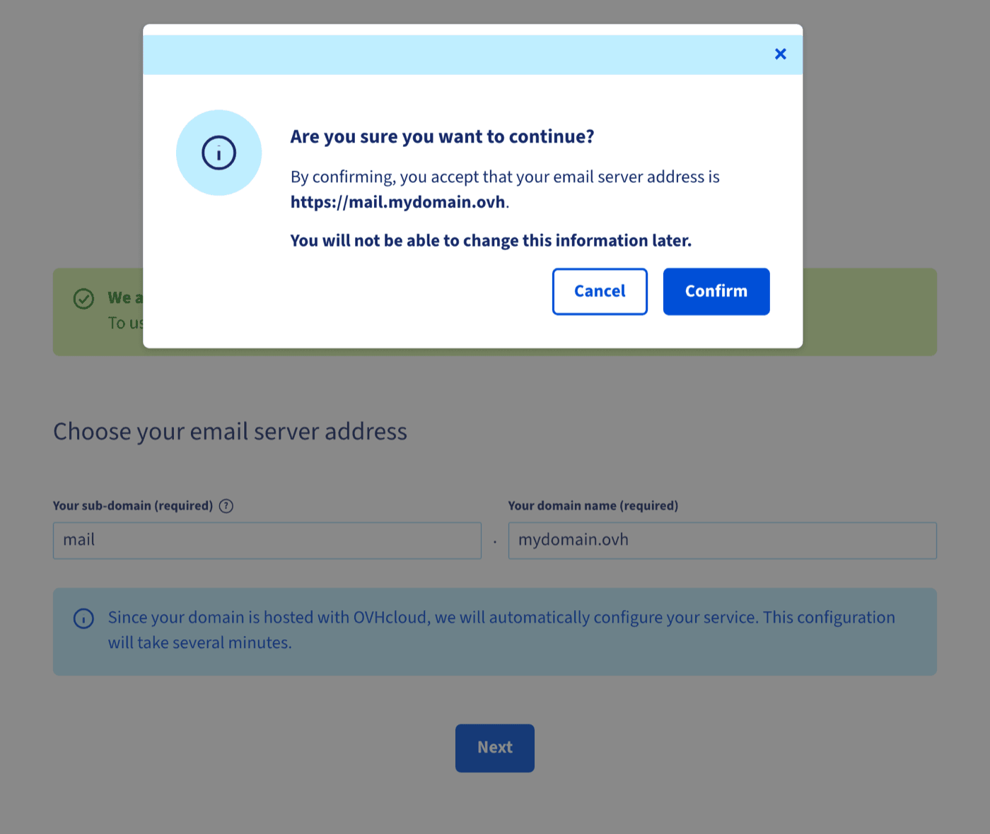 Fenêtre de confirmation de l'adresse du serveur de messagerie