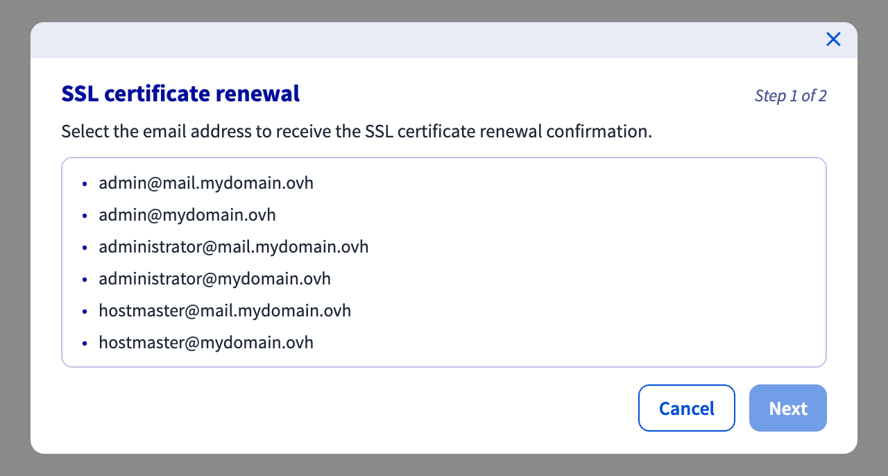 Fenêtre de renouvellement du certificat SSL, choix de l'adresse e-mail de confirmation