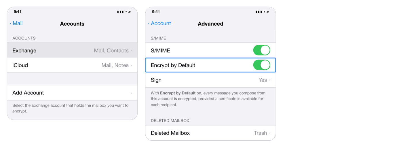 iOS Settings showing the Exchange account in the Accounts list and the Encrypt by Default option in the account Advanced settings