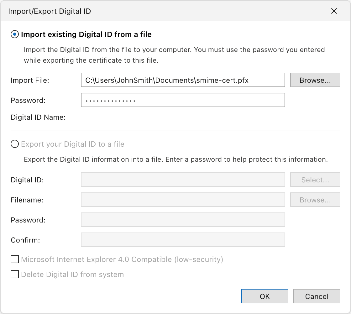 Import/Export Digital ID window with the option to import an existing Digital ID from a file selected