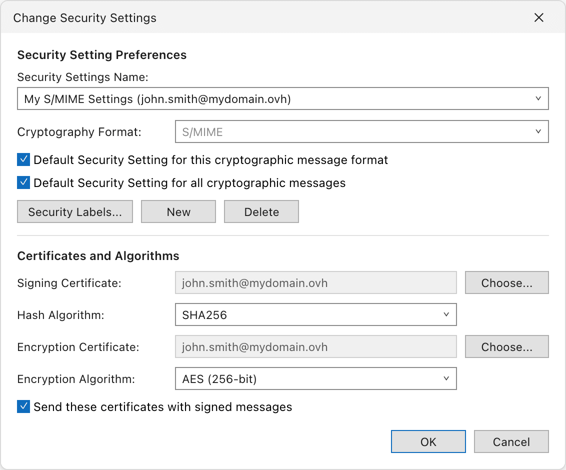 Change Security Settings window with the signing and encryption certificates and SHA256 as hash algorithm
