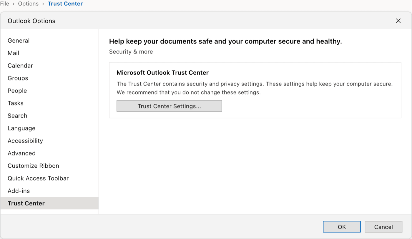 Outlook Options window with Trust Center selected and the Trust Center Settings button