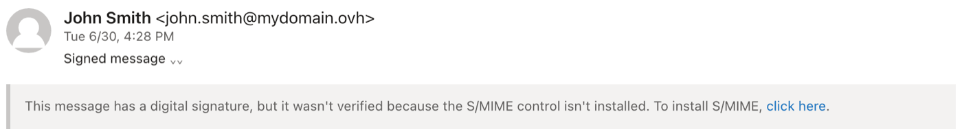 OWA warning that the digital signature was not verified because the S/MIME control is not installed