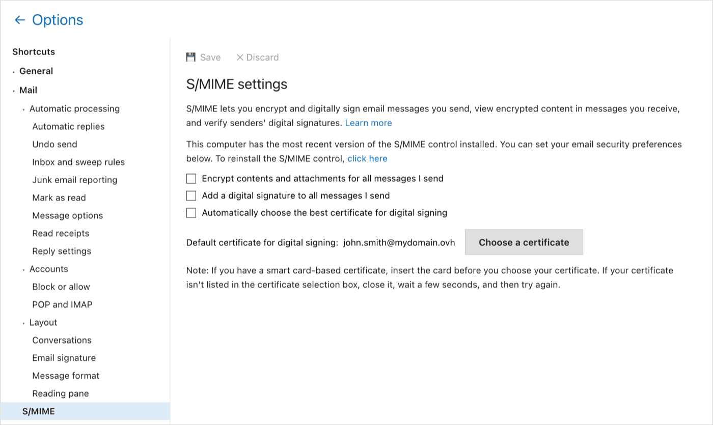 S/MIME settings page in the OWA options