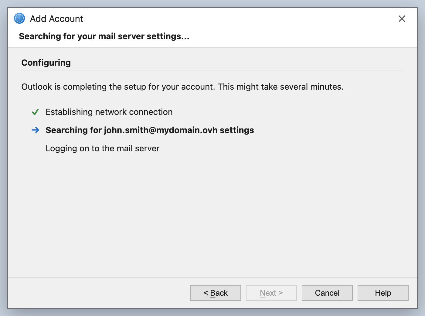 Outlook-Assistent bei der Suche nach den E-Mail-Servereinstellungen während des Hinzufügens eines Accounts