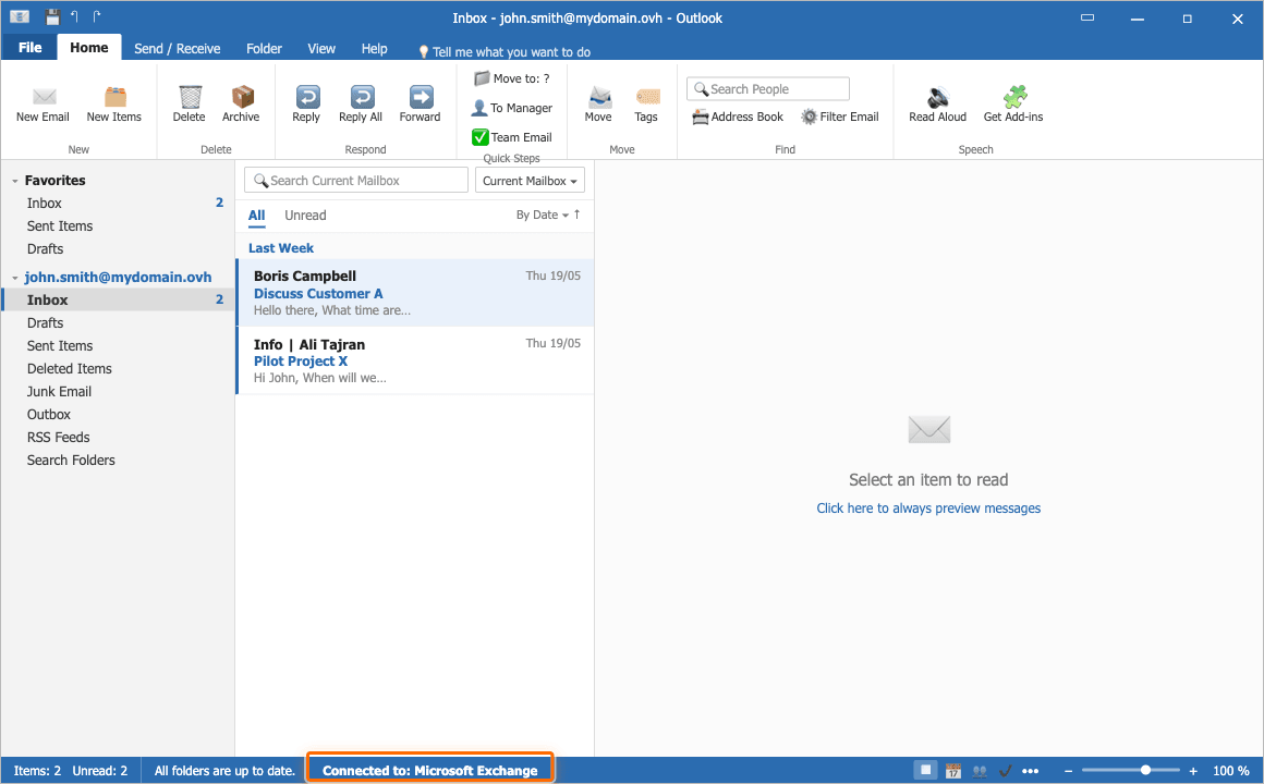 Oberfläche des klassischen Outlook mit der Statusleiste, die am unteren Rand des Fensters 'Verbunden mit: Microsoft Exchange' anzeigt