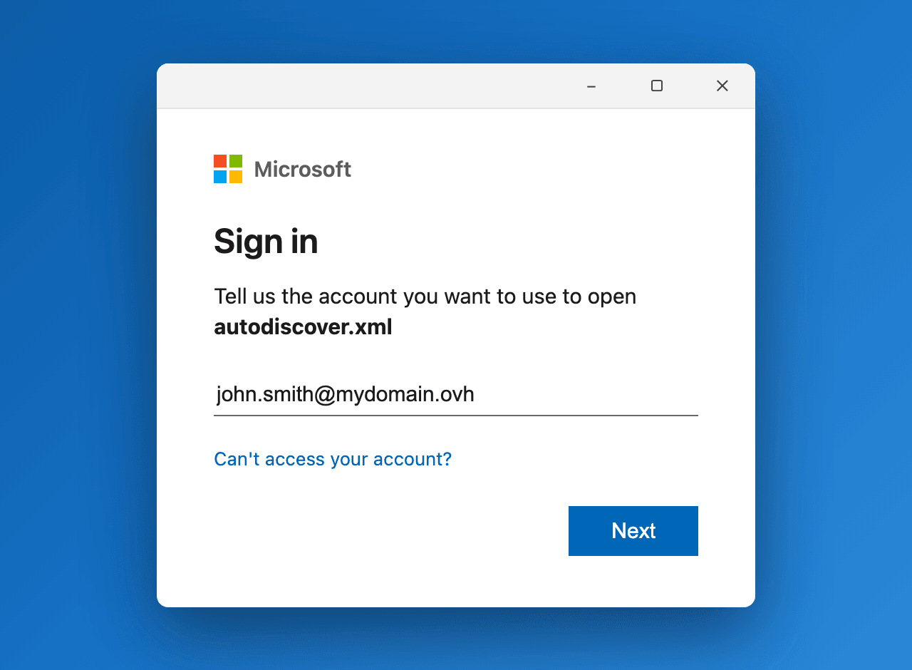 Microsoft 365 Anmeldefenster in Outlook, das nach dem Konto zum Öffnen von autodiscover.xml fragt